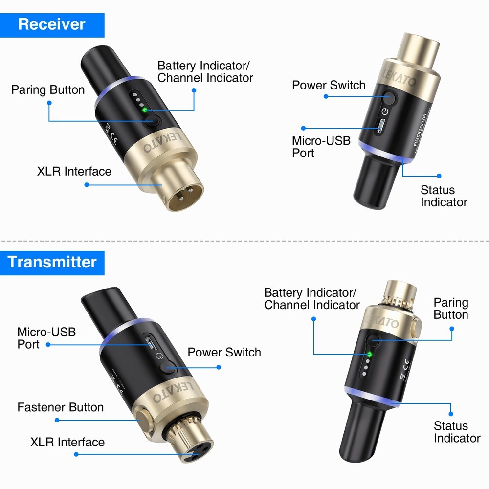 LEKATO Wireless Microphone System Transmitter Receiver 5.8GHz Plug On XLR 100FT
