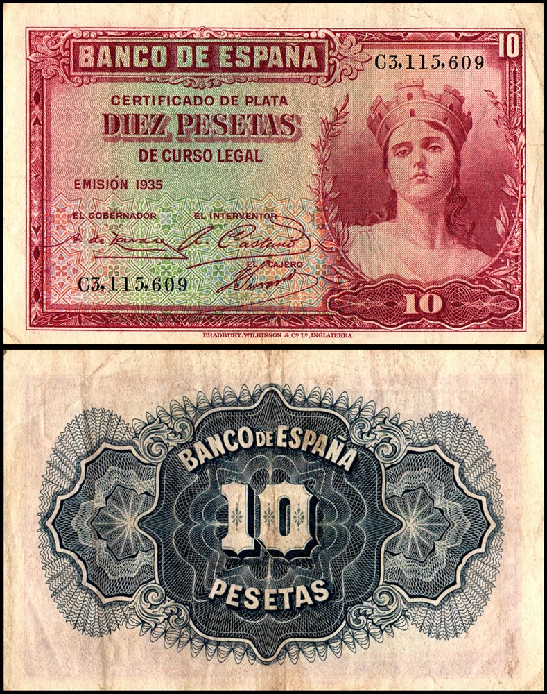 Spain 10 Pesetas, 1935, P-86, Used