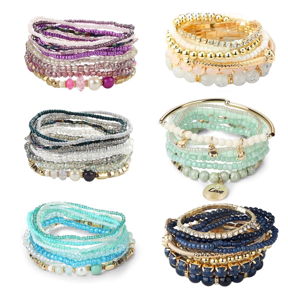 LOYALLOOK 6 Sets Bohemian Stackable Bead Bracelets for 7 9 inch, Multicolor