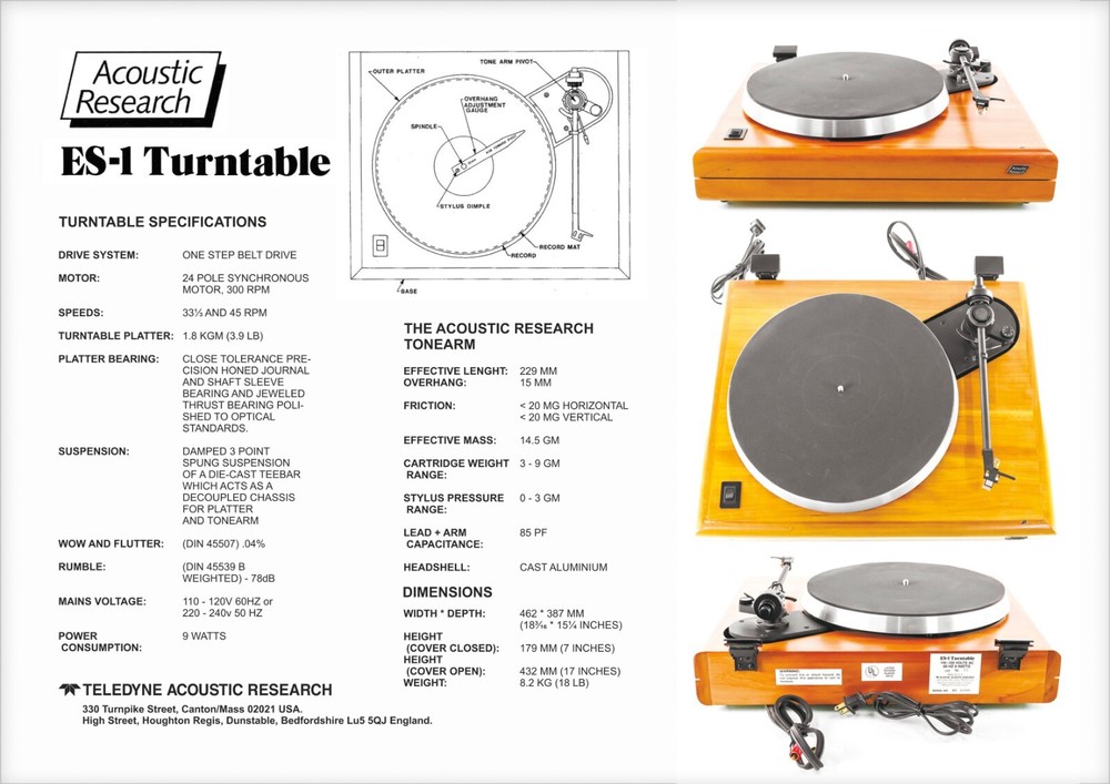 Acoustic Research ES-1 Custom Designed Turntable Tonearm Alignment Protractor