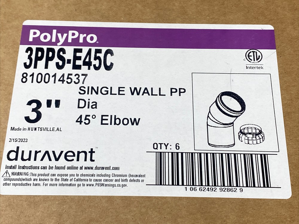 DuraVent PolyPro 3PPS-E45C - 3" Single Wall PP - Elbow 45 Degree Qty:6 New