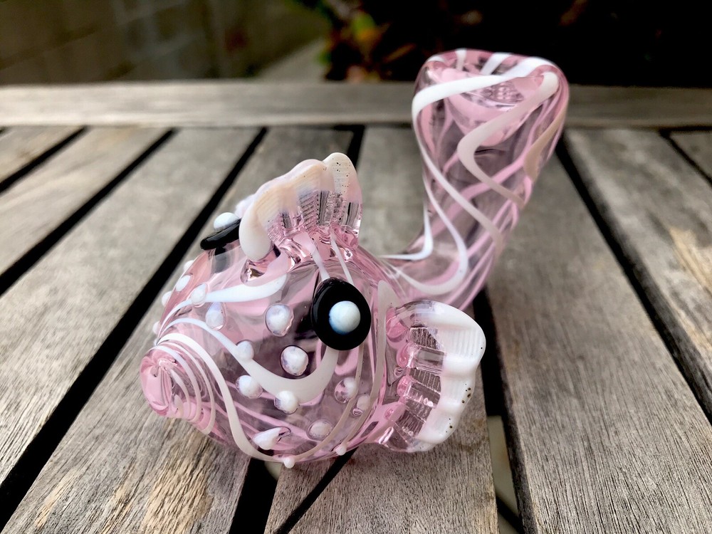 Fish Shaped Glass Hand Pipe(Pink)White Colored Stripes.
