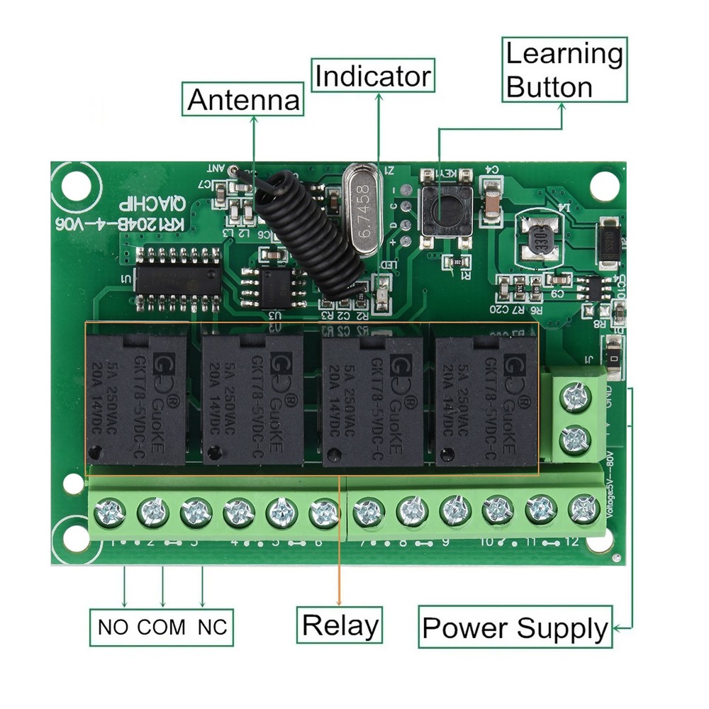 Long Range DC 4-Channel 443MHz Wireless RF Remote Control Relay Switch