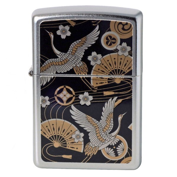 Zippo Japanese Crane Black Silver Satin Chrome Print Processing Lighter Regular