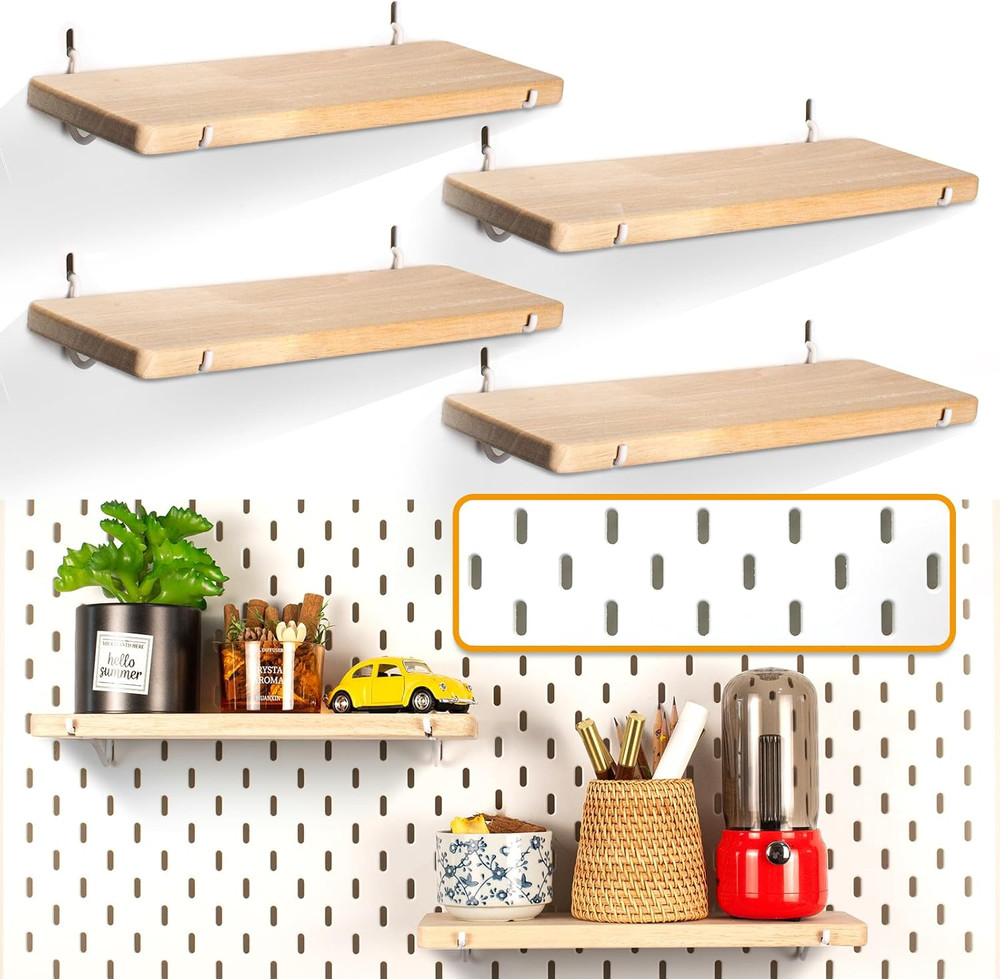 4 Pack Solid Wood Pegboard Shelves with Hooks for Home & Office Organization