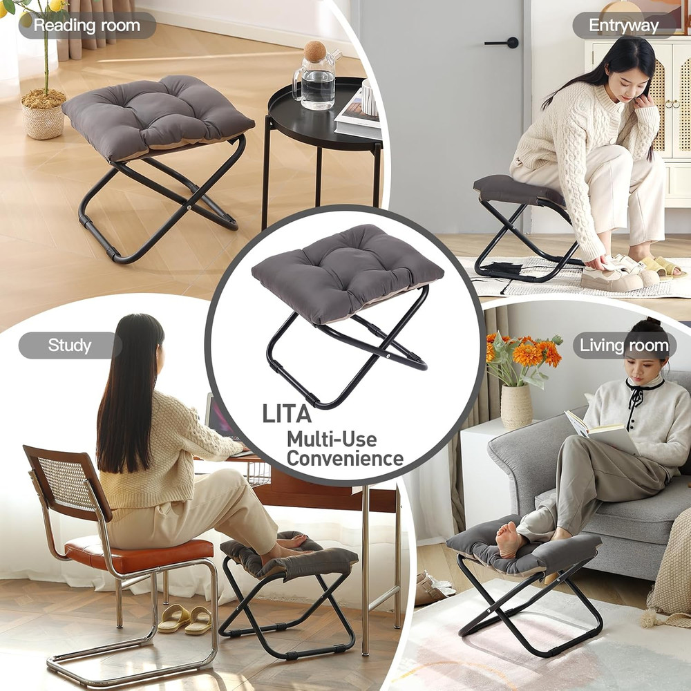 Folding Upholstered Footrest with Straight & Square Shape,Small Ottoman， Dark Gr