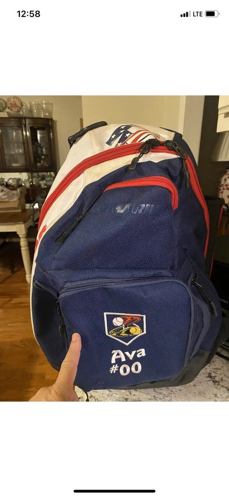 DeMarini Baseball Softball Backpack Bat Compartment Zip Blue White Red