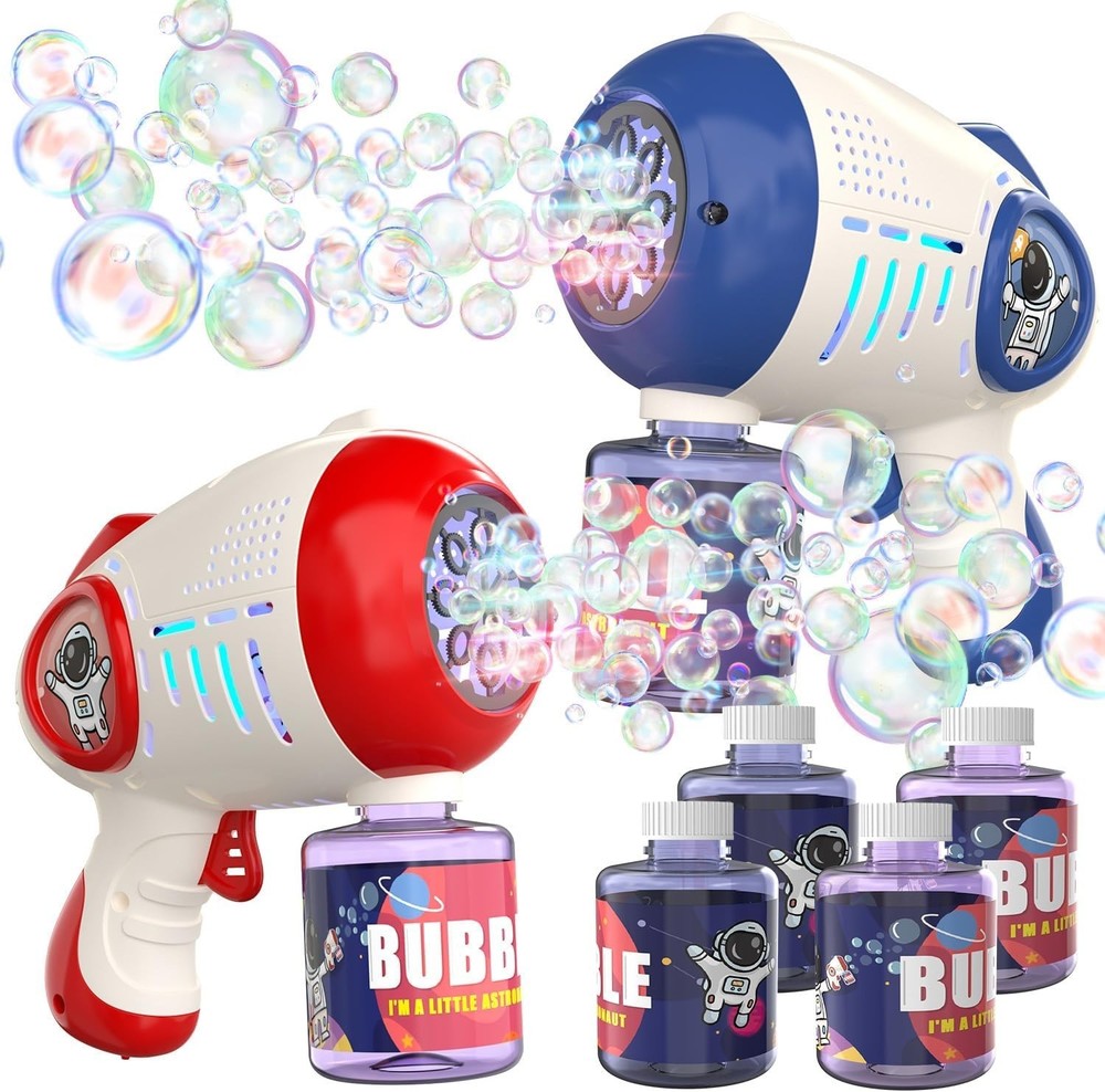 Bubble Machine Blasters for Kids - 2 Pack with LED Lights & 4 Bubble Bottles