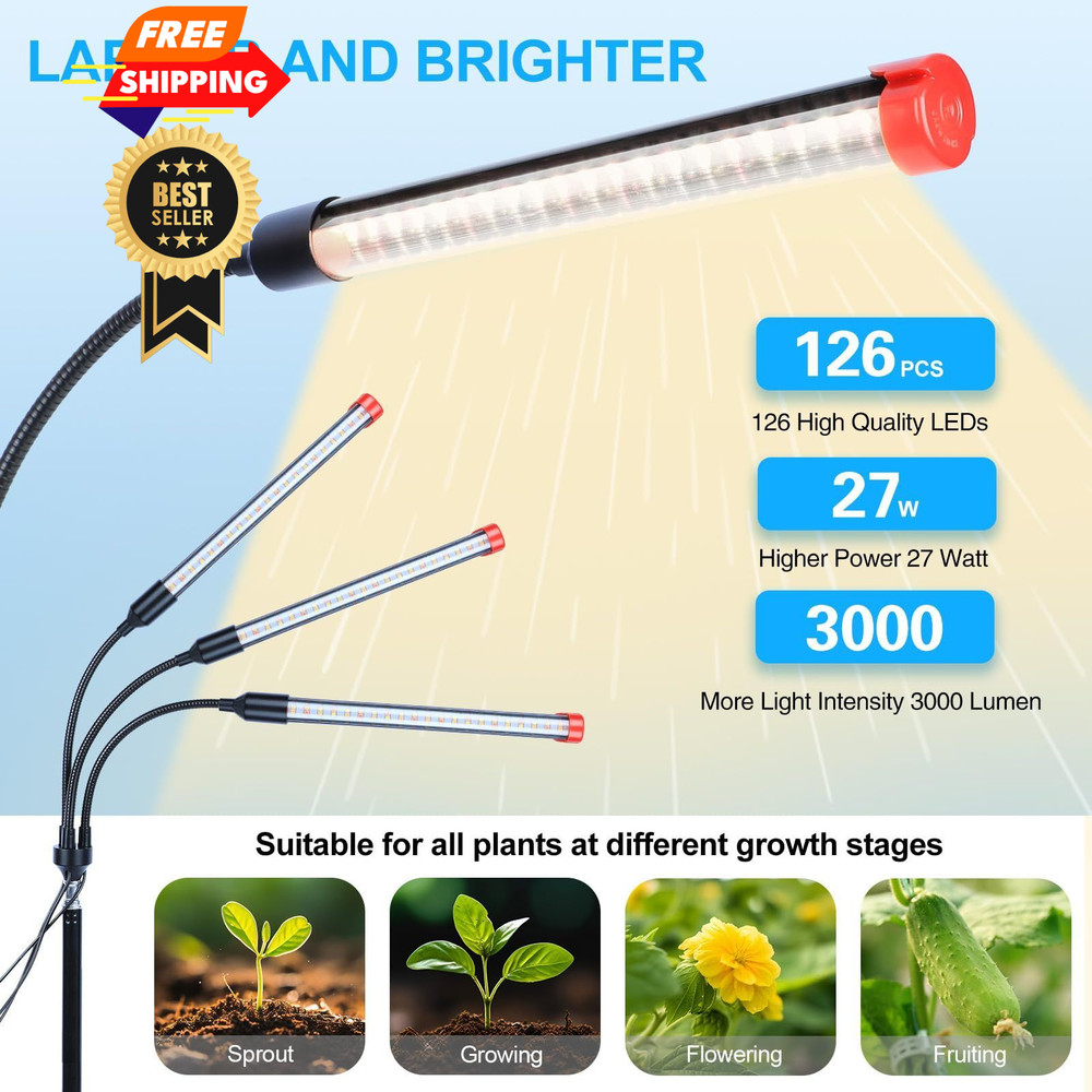 Orchbloom 3Head Grow Light with Stand, 5-Mode Timer Stand(27W), Black