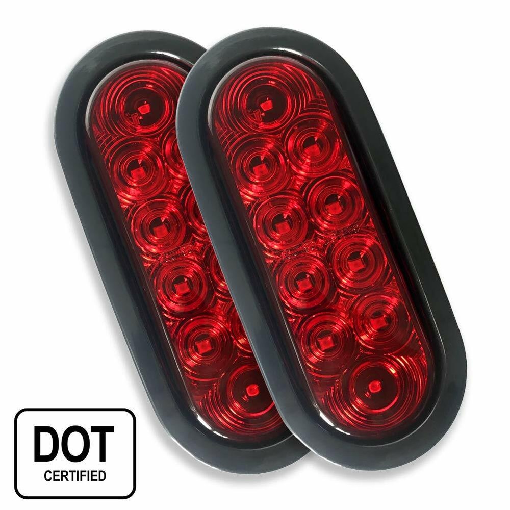 2 Red 6" Oval Trailer Lights 10 LED Stop Turn Tail Truck Sealed w Grommet Plug