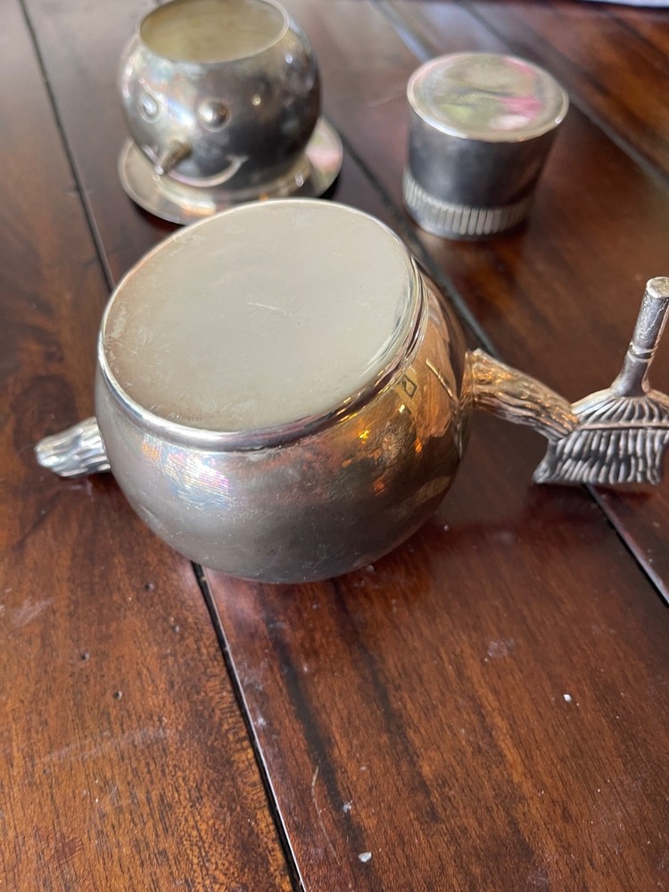 Snowman Creamer And Sugar 3 Piece Set Stackable Silver Plated Vintage