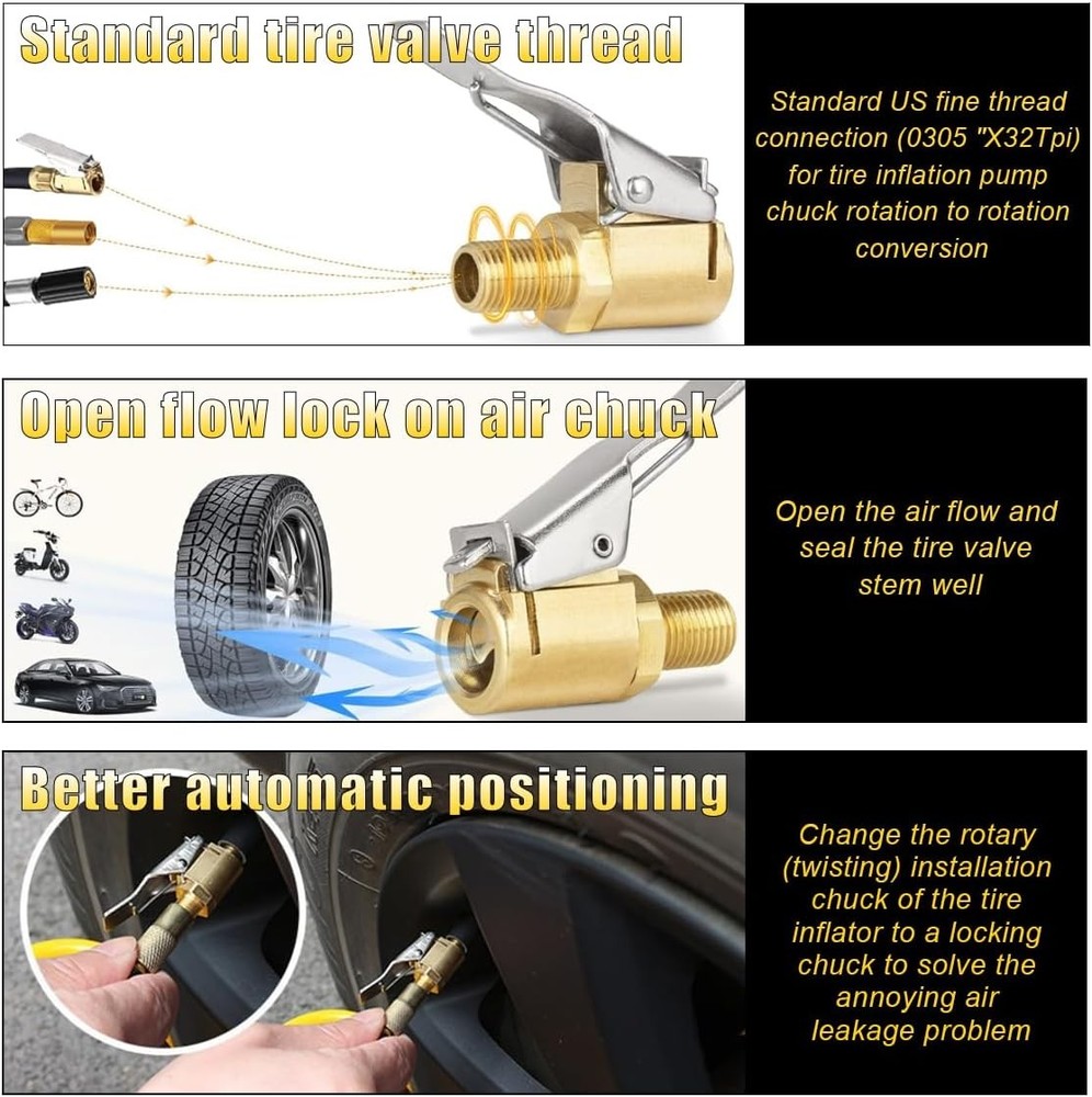2-Pack Brass Tire Air Chuck, Locking Quick Connect Inflator Hose Adapter