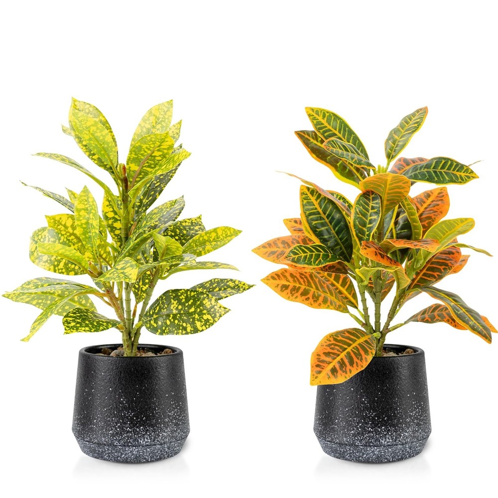 2 Pack Realistic Artificial Potted Plants Codiaeum Variegatum, 11.8" Small Fa...