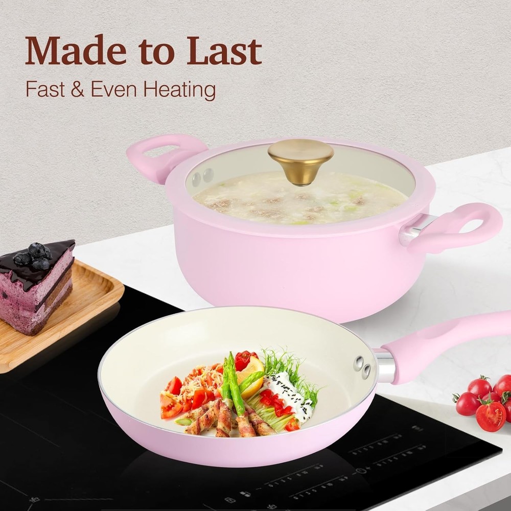 Pots & Pans Set Non Stick Pink Ceramic Cookware Set 11-Piece Induction Cookware
