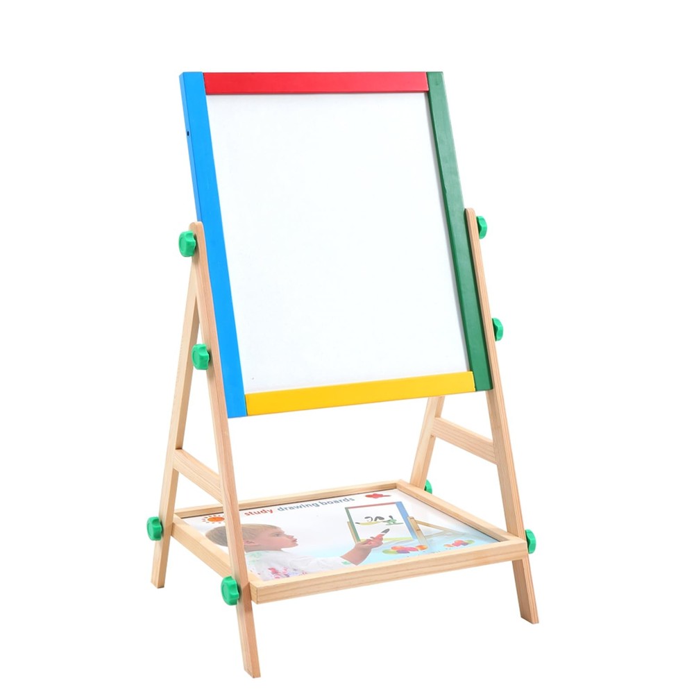 Wooden Art Easel for Kids, 2 in 1 Multi-Functional Double-Sided Adjustable Bl...