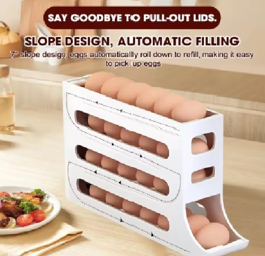 Automatic Rolling Egg Dispenser Organizer for Refrigerator 4-Tier Space-Saving