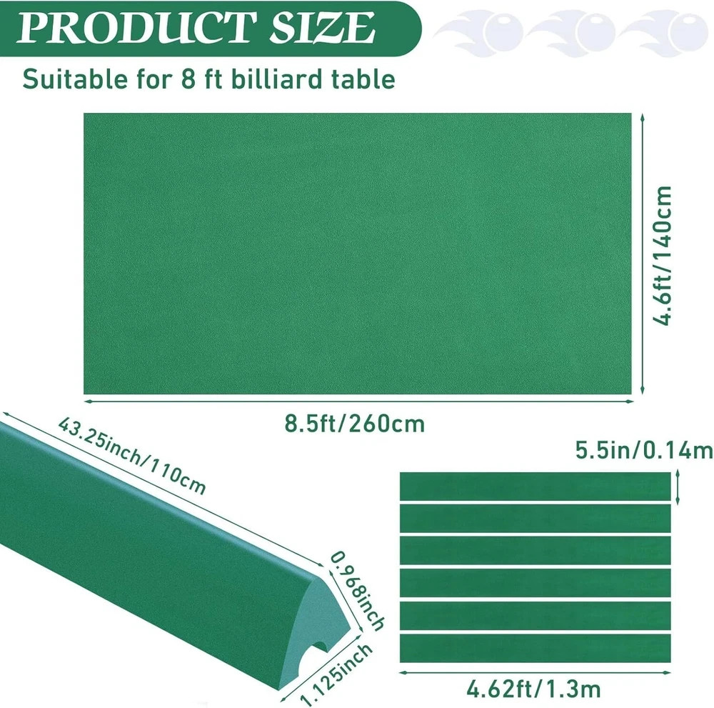 Complete Pool Table Replacement Felt with 6 Strips & Rubber Bumpers - Green