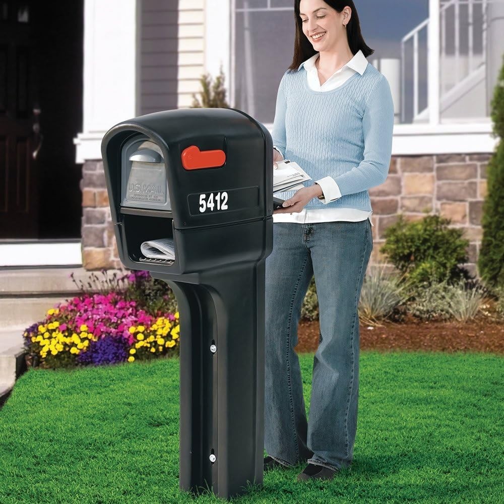 MailMaster Plus Weather-Resistant Mailbox & Post - Large Durable Plastic, Black
