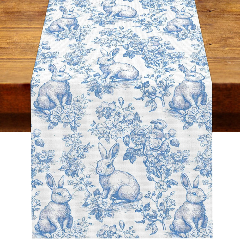 Chinoiserie Easter Table Runner Blue White Bunny Toile 13X72 Table Decor
