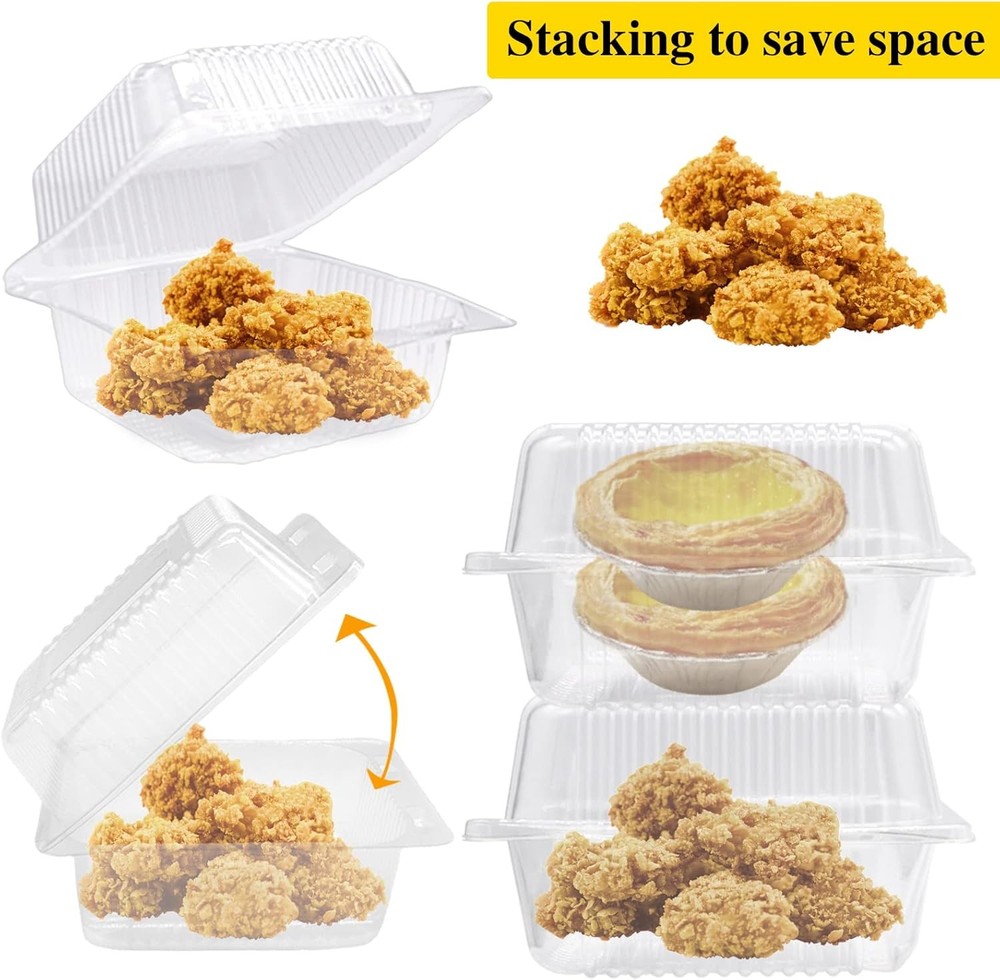 100-Pack Clear Hinged Plastic Food Containers Square Lids