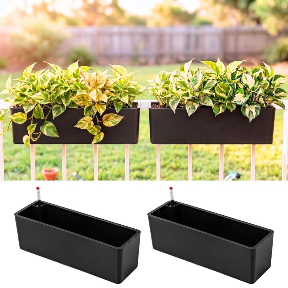 LaLaGreen Railing Planter Boxes (16 Inch, 2 Pack) Black Rectangular Plastic W...