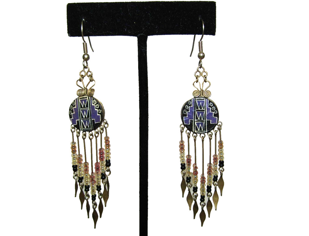 Handmade Hand Painted Boho Beaded Drop Dangle 3.5" Hook Earrings
