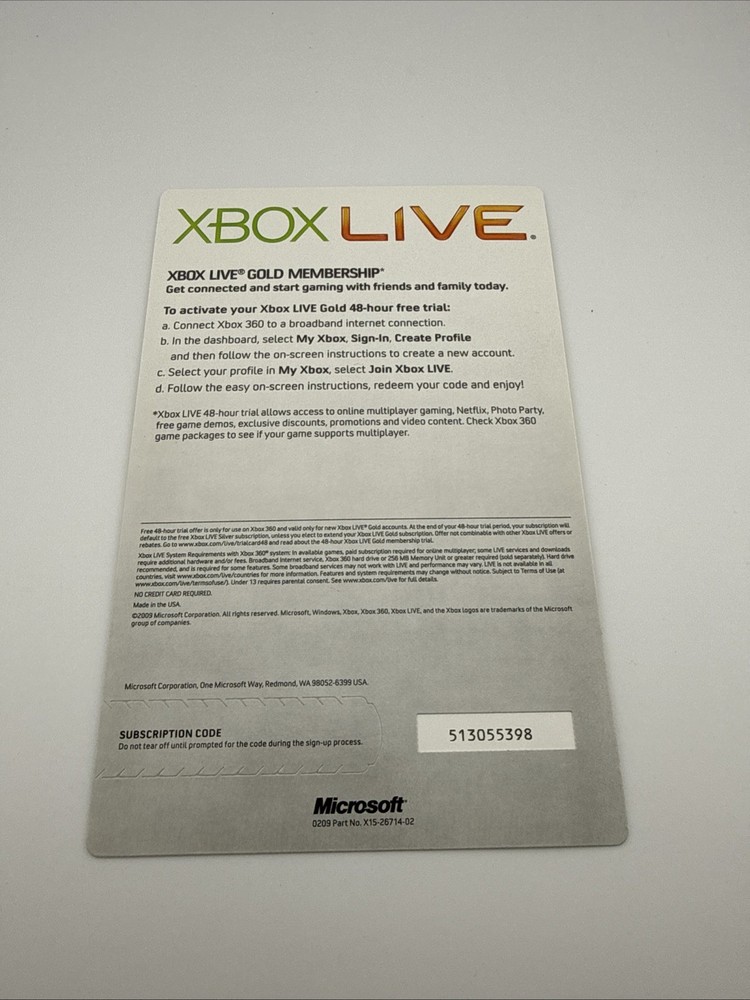 Microsoft Xbox 360 Live Gold 48 Hour Free Trial Code Scratch Card Subscription