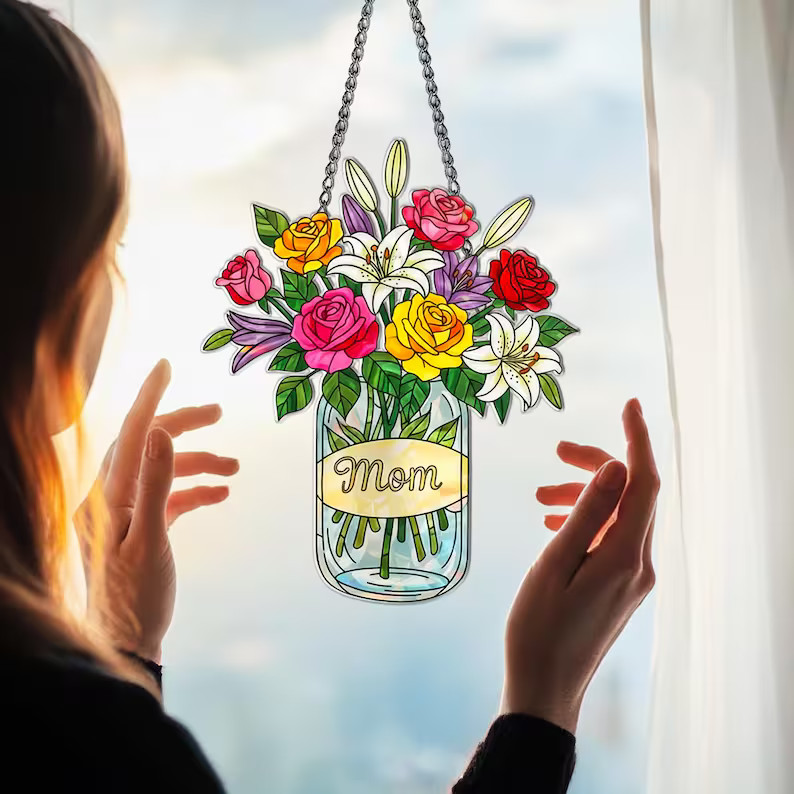 Personalized Mom Flower Jar Acrylic Suncatcher Gift