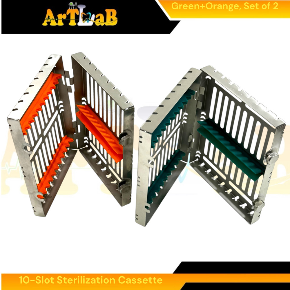 2 Count, Sterilization Cassette Boxes with Detachable Lid, Lockable,Green+Orange