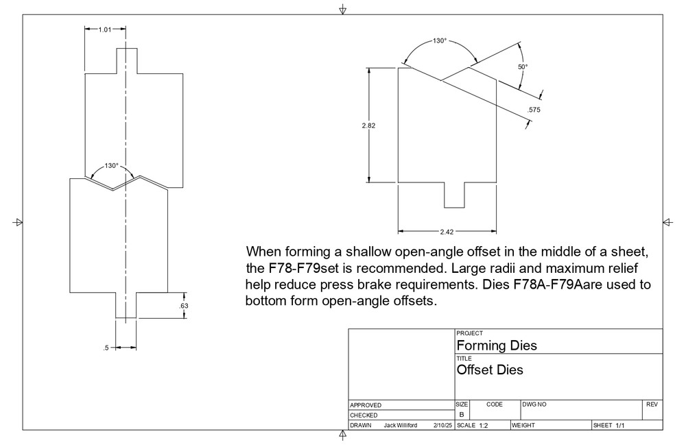 Open Angle Offset Forming Die - 36 in. Long - 5/8" Offset, 130 deg.