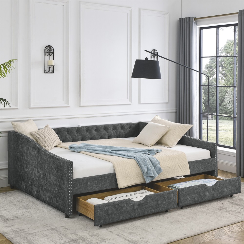 Queen Size Daybed with 2 Storage Drawers Upholstered Bed Frame Sofa Bed US