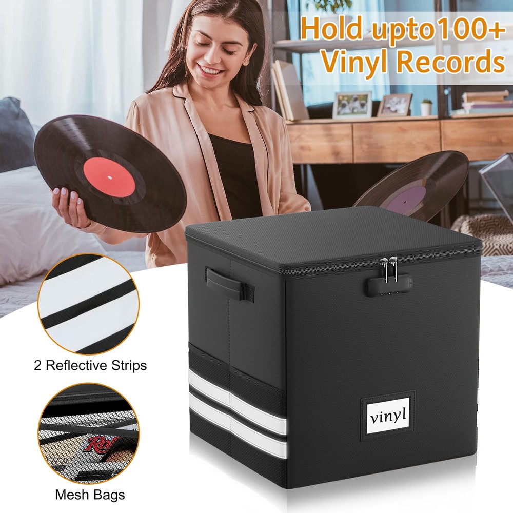 Vinyl Record Storage Box with Lock, Fireproof Waterproof Resistant Organizer ...