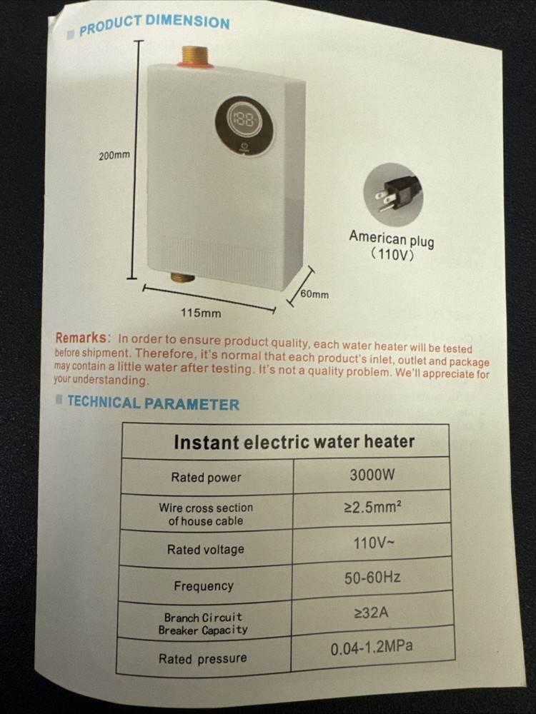 Electric Tankless Water Heater Instant Hot Shower Kitchen Heater 110V 3000WUS