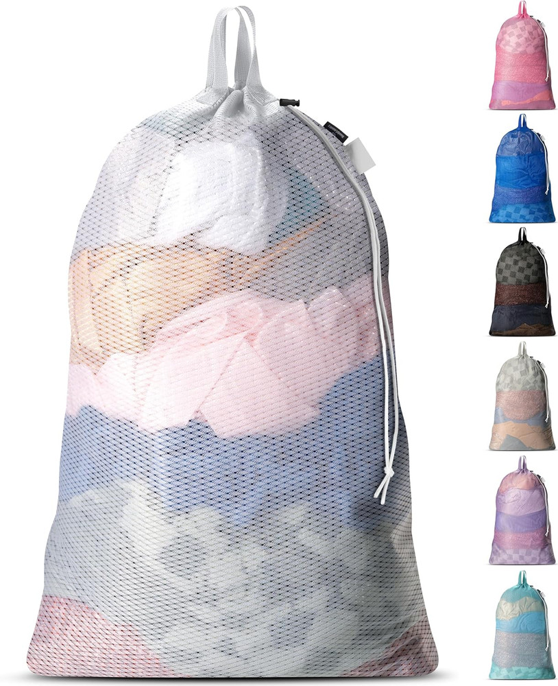 Large Mesh Laundry Bags – Heavy-Duty, Handles, Shoulder Strap, Drawstring, White