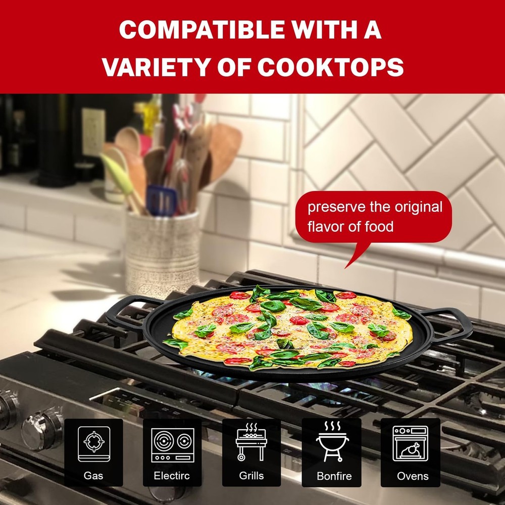 GGC Cast Iron Pizza Pan for Baking, 14" Round Griddle Pans Make Different Dis...