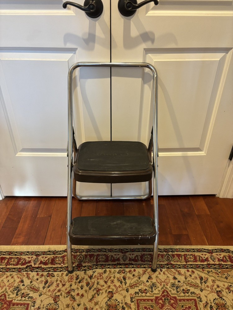 Vintage Cosco Two Step Folding Kitchen Garage Ladder Step Stool Brown & Chrome