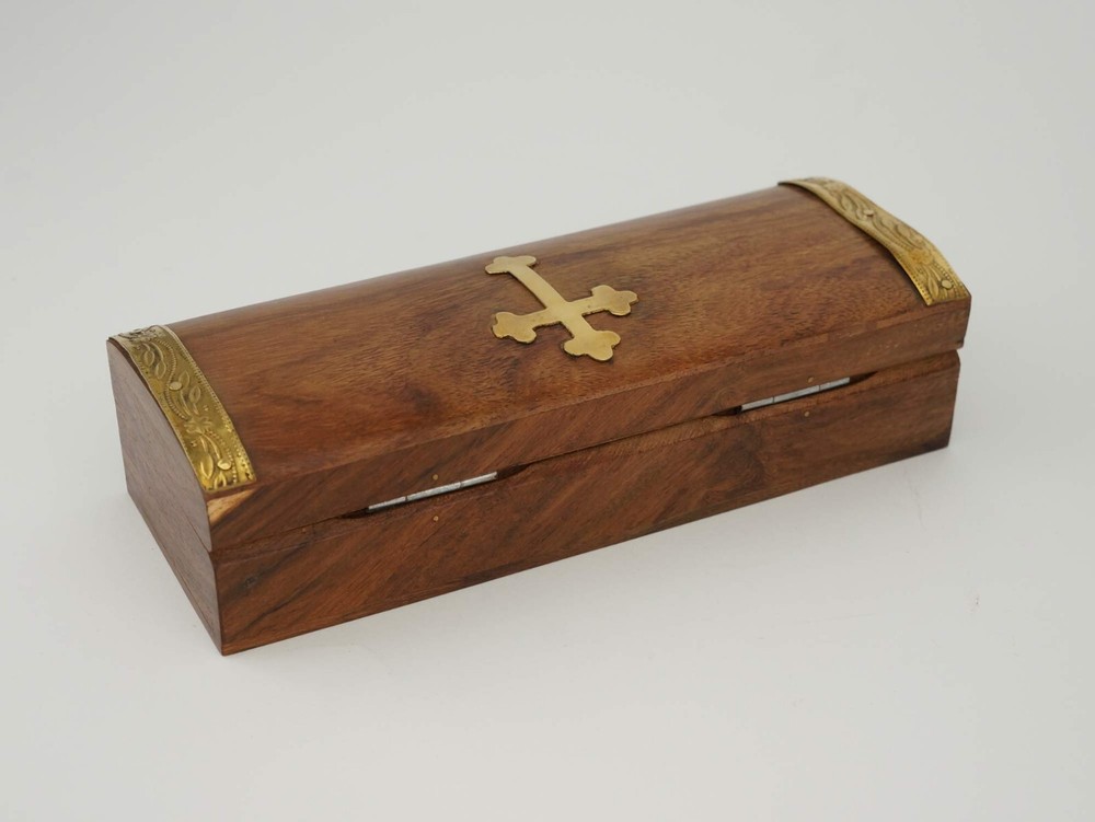 Wooden Box -Decorative Rectangular with Brass Orthodox Cross and Hinged Lid -NEW
