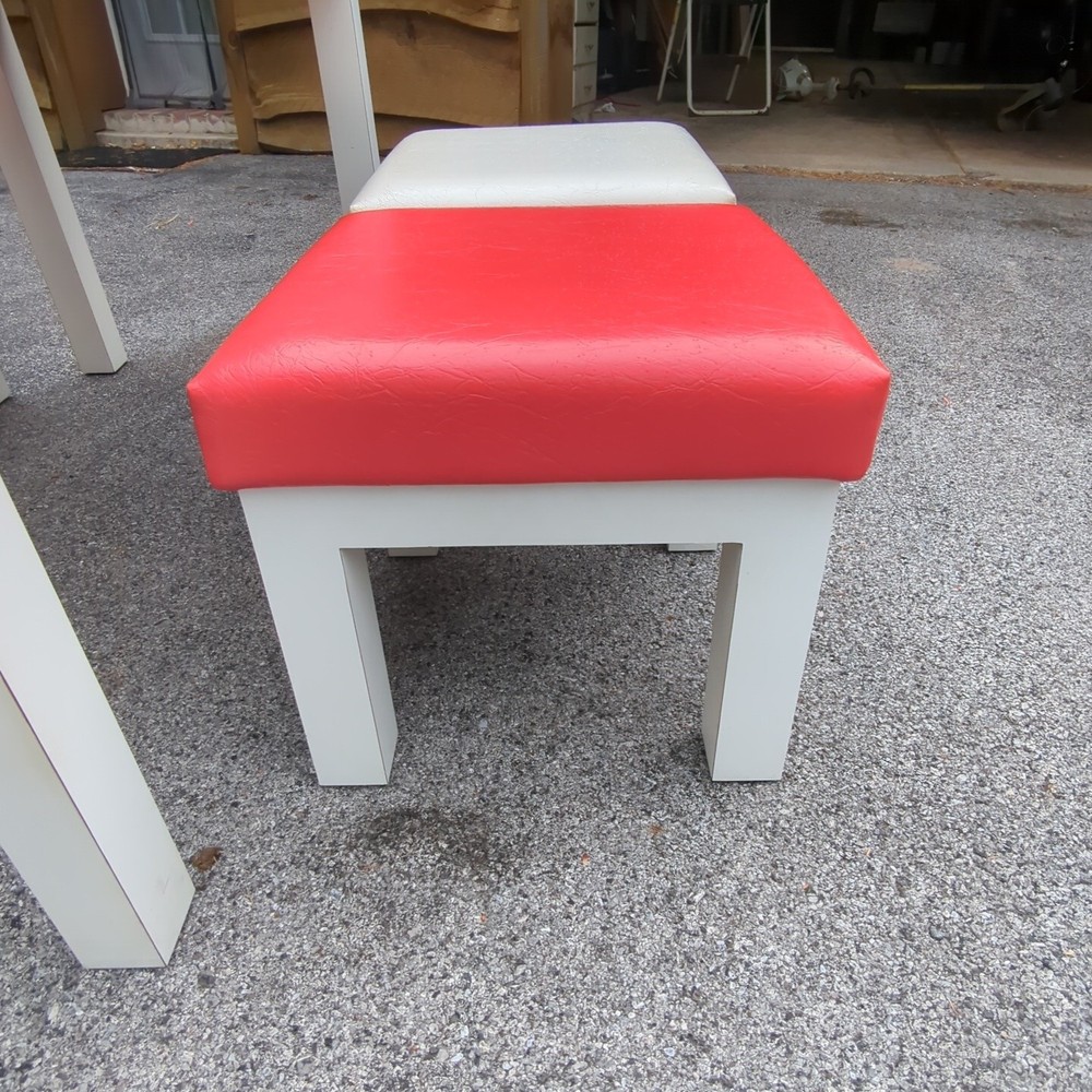 Vintage 80s Postmodern Laminate Parsons Table with 4 Upholstered Stools