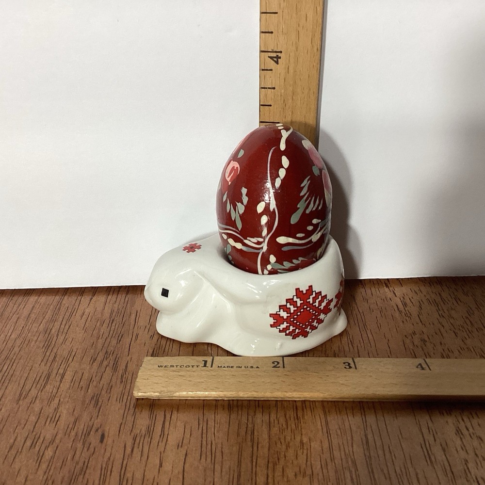 2 Pc Set Easter Valentines Day Ceramic Bunny Holder W/ Wooden Handpainted Egg