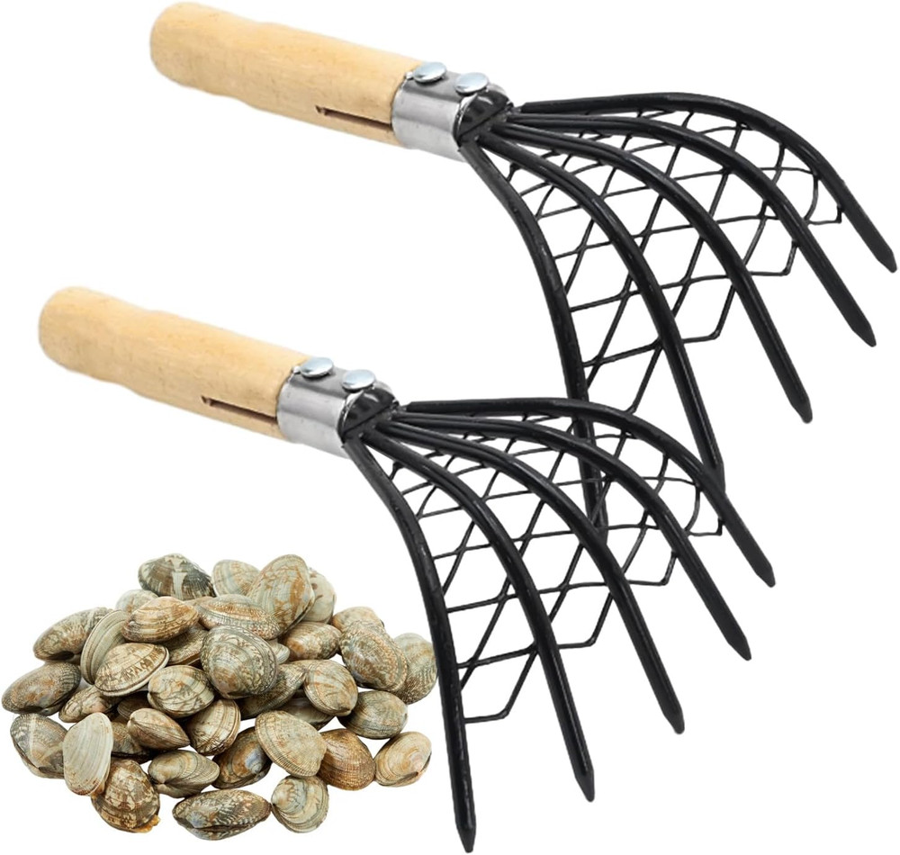 2 Pcs Claw Rake Hand with Basket, Clamming Claws with Mesh Net Oyster Shell Digg