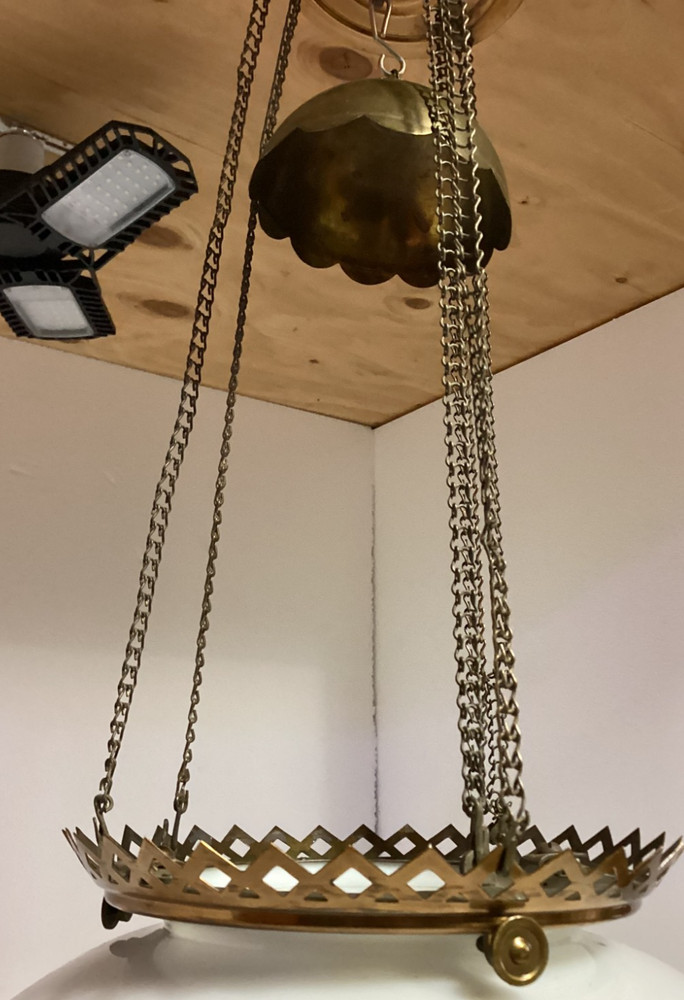 Antique Hanging Library Lamp Electrified Brass Font Central Draft burner #4846
