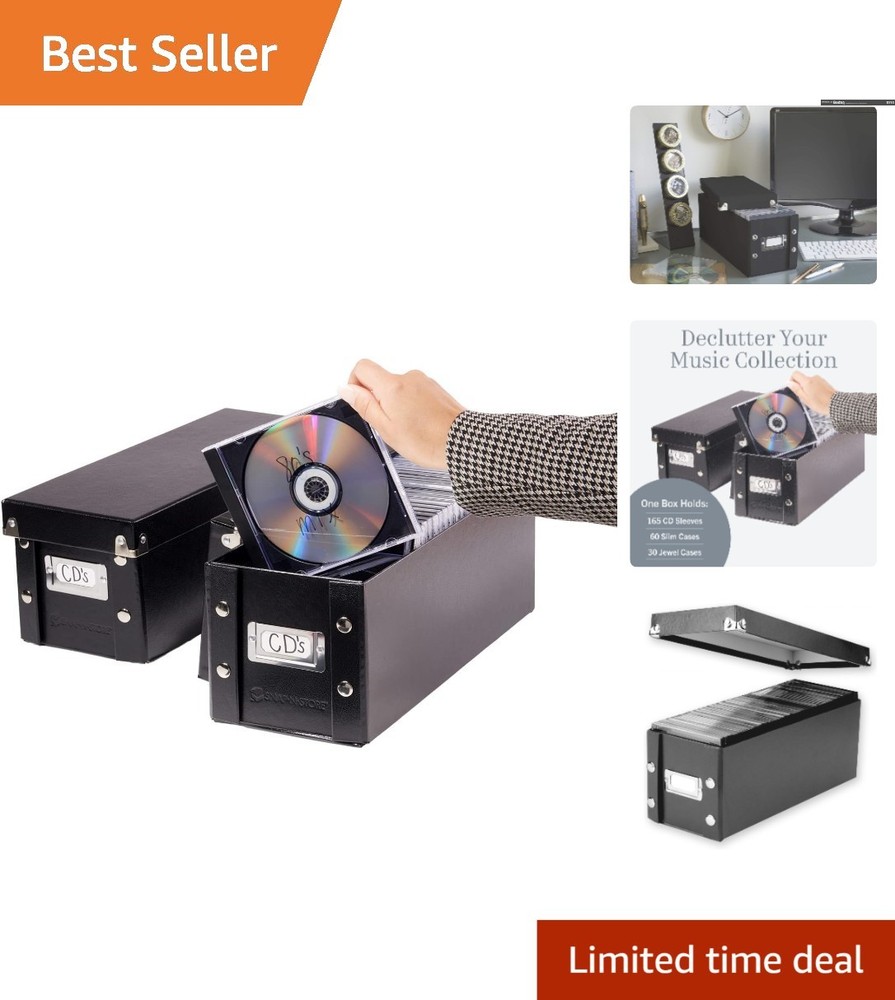 Reinforced CD Storage Box Set - 2 Pack, Holds 52 Discs, Easy Assembly - Black