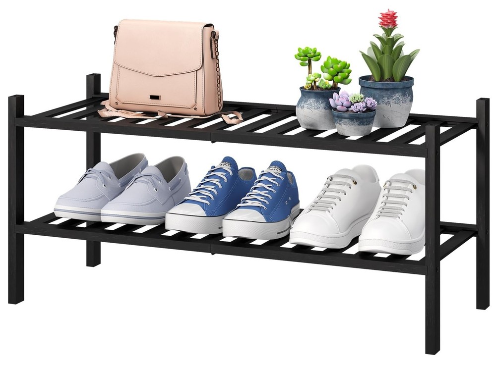 2-Tier Black Bamboo Shoe Rack for Entryway, Stackable | Foldable | Natural, S...