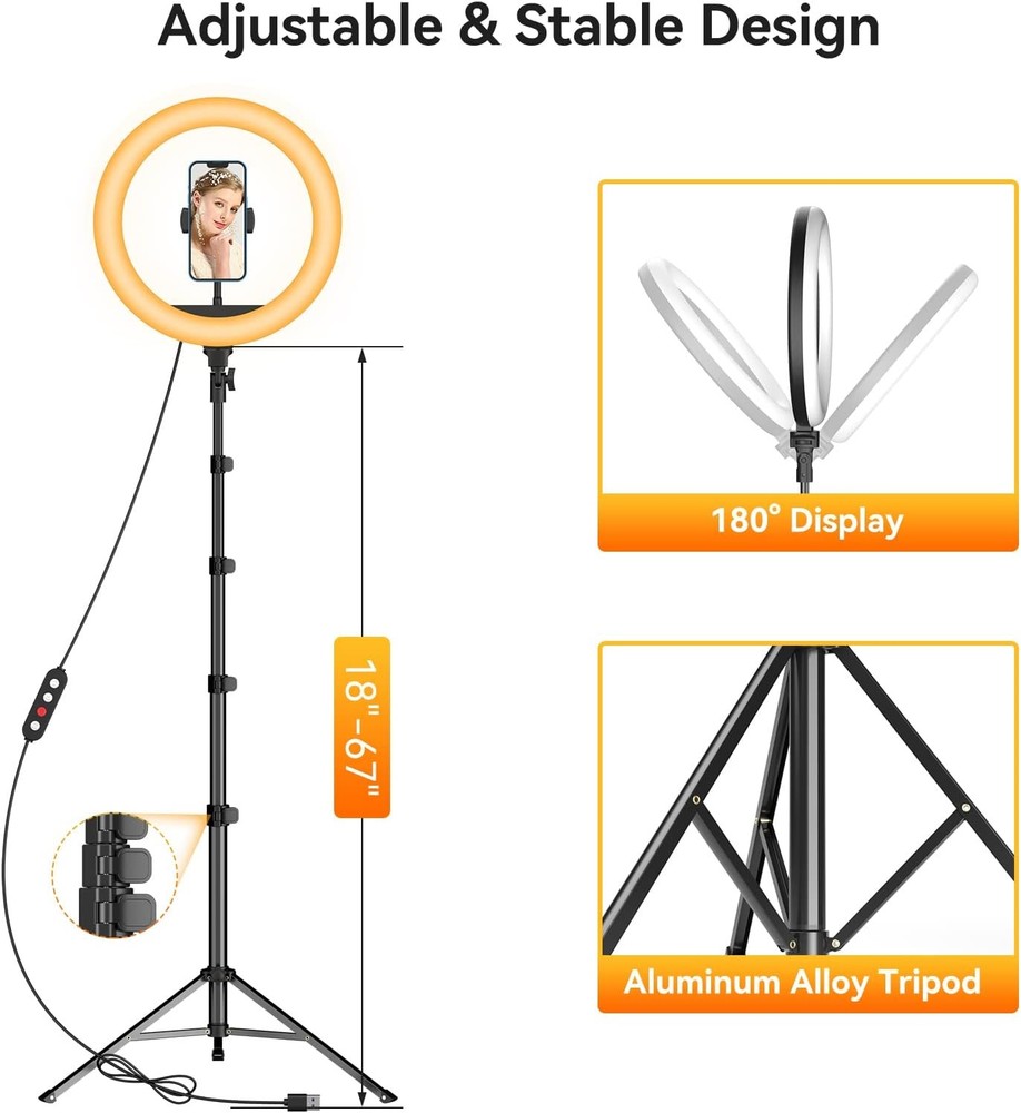 TODI 12" Ring Light with 63" extendable Tripod Stand, Selfie RingLight with Phon