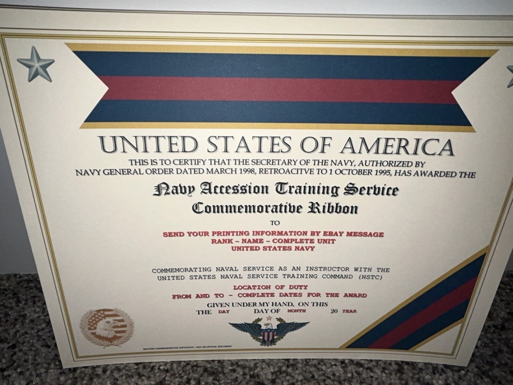 NAVY ACCESSION TRAINING SERVICE COMMEMORATIVE CERTIFICATE ~ W/PRINTING TYPE-1