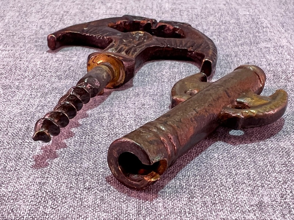 Antique Brass Cellar Key Corkscrew Bottle Opener Figural Gargoyles Finger Pull