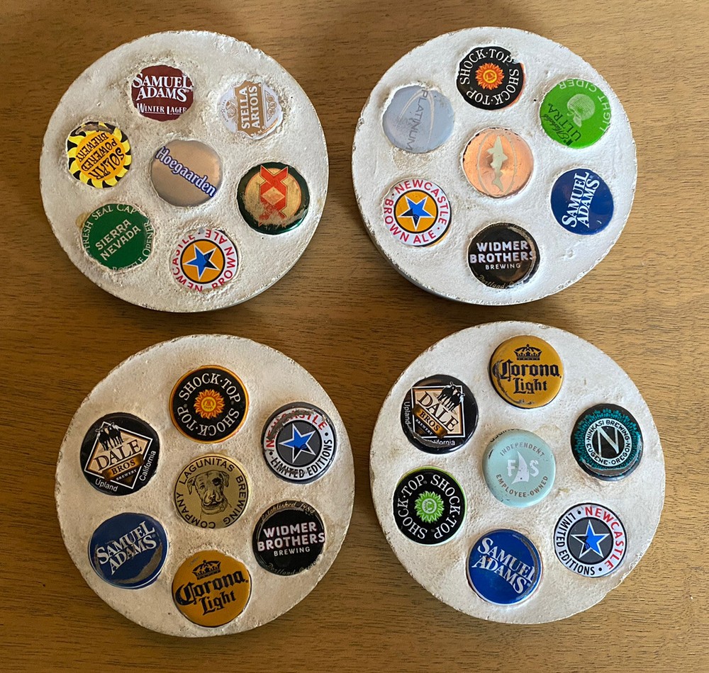 4pcs - Handmade Beer Cap Coasters Corked Back 3-7/8in D Various Makers