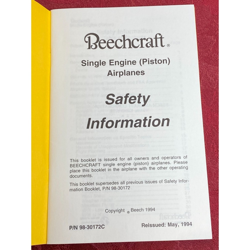 Beechcraft Single Engine (Piston) Airplanes Safety Information Booklet May 1994