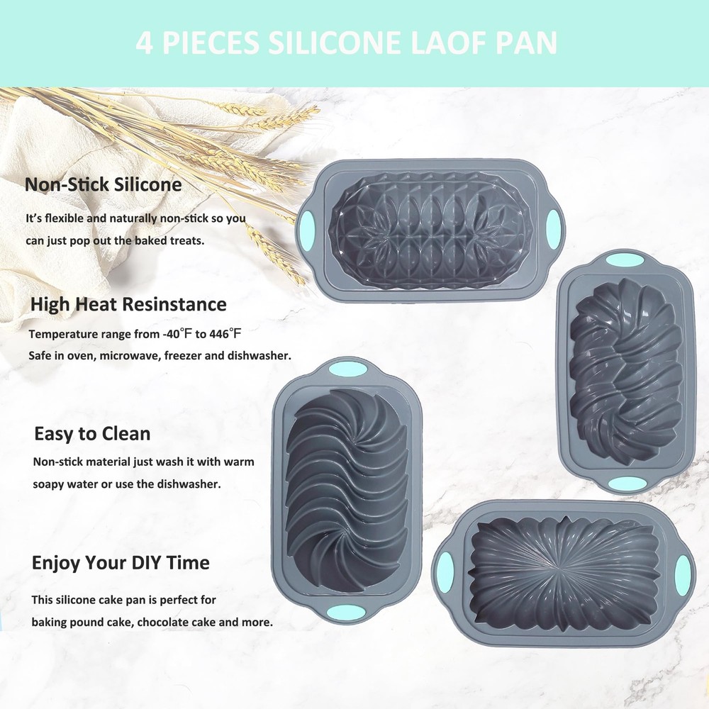 4 Pack Silicone Loaf Pan Nonstick Bread Baking Mold Kitchen Bakeware Set
