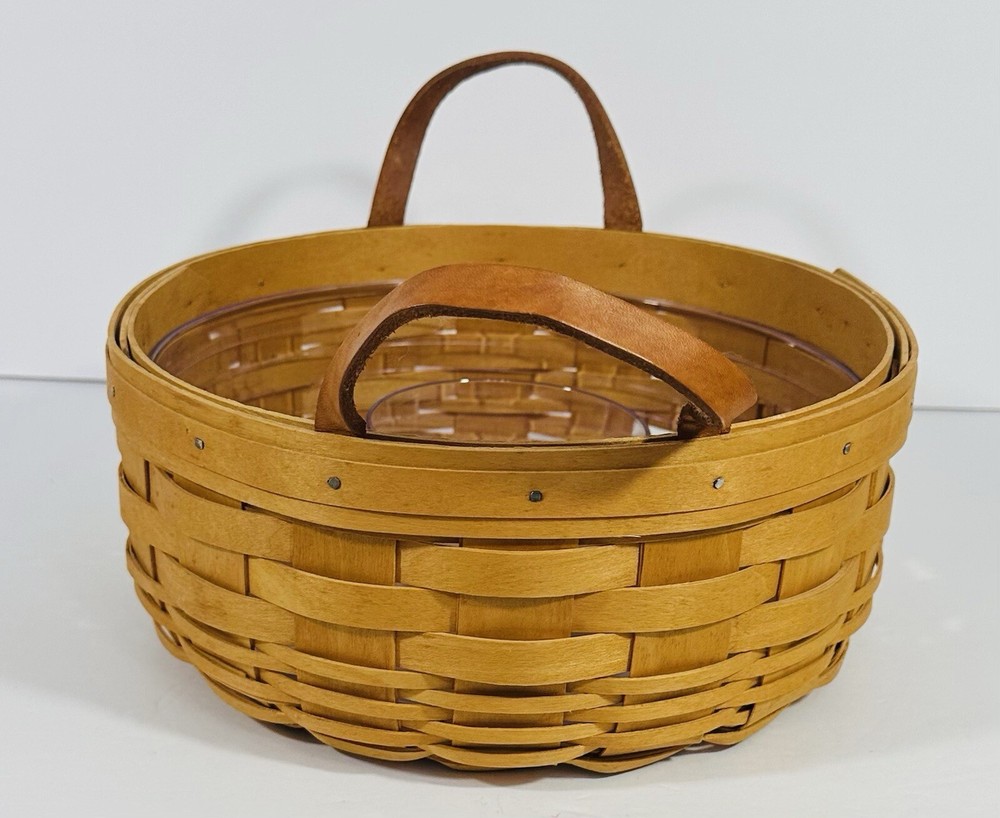 Longaberger Gathering Darning Basket Hard Plastic Insert 2001 Leather Handles